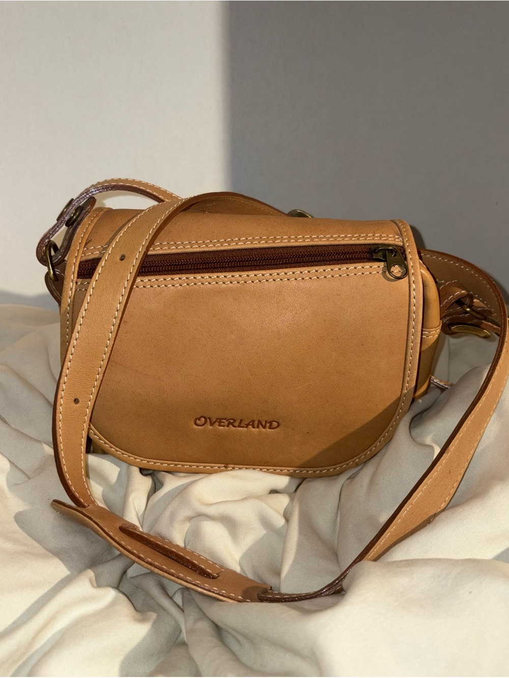 Overland Tan Leather Shoulder Belt Bag with Adjustable Strap